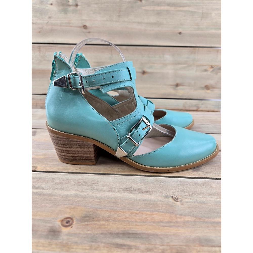 MITU Irene Mint Blue Leather Cutout Buckle Block Heel Ankle Booties Size 6